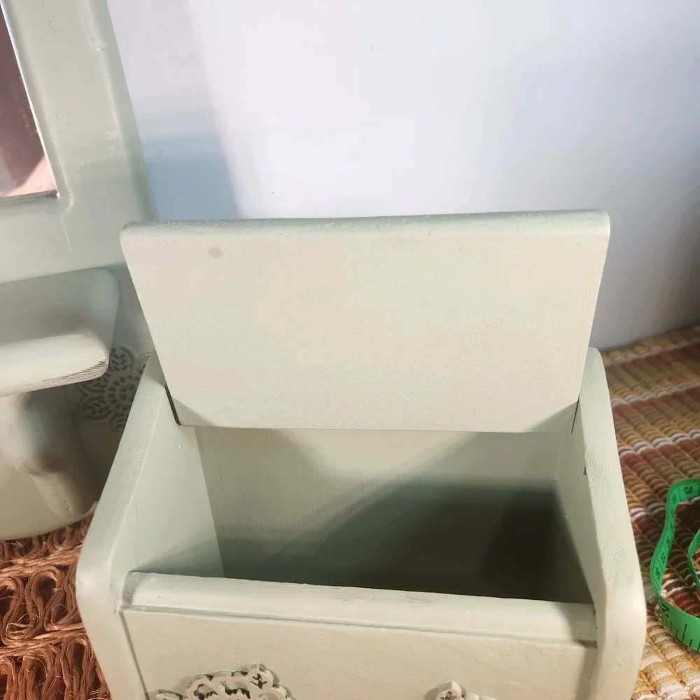Sage Green Wooden Wall Mirror with Shelf and Matching Heart Trinket/Recipe Box